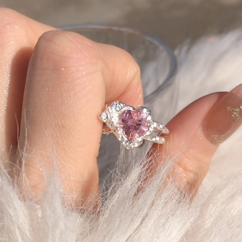 925 Sterlingsilber Rosa Herz Ring Für Damen Luxus Strass Eingelegt Offen Verstellbarer Ring Gehämmerte Lava Textur Schmuck