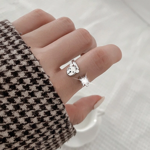 Cute Cartoon Bear 925 Sterling Silver Open Adjustable Ring With Square White Zircon For Women Sweet Jewelry Gift