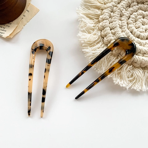 Modern Minimalistisch Acetaat U-Vormig Haarstokje Luipaardprint Schildpadmotief Haarvork Voor Dames Franse Stijl Opgestoken Haar Accessoire