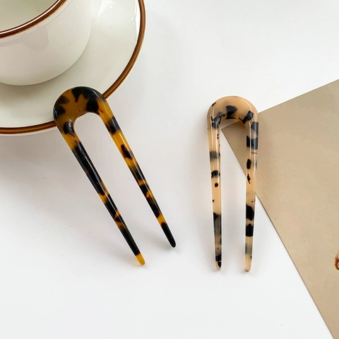 Modern Minimalistisch Acetaat U-Vormig Haarstokje Luipaardprint Schildpadmotief Haarvork Voor Dames Franse Stijl Opgestoken Haar Accessoire