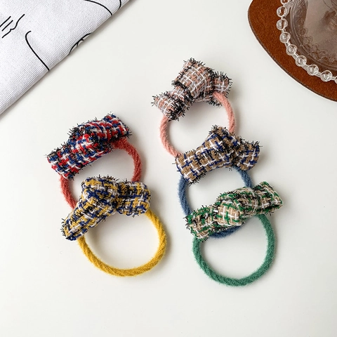 Vintage Tweed Bow Scrunchies Elegant Plaid Hair Ties For Women Retro Fabric Elastic Hair Bands Sweet Hair Accessories