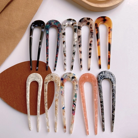 Palillo para el Pelo en U Vintage Francés de Acetato Mármol Leopardo Horquilla Minimalista Elegante para Mujer Peinado Diario