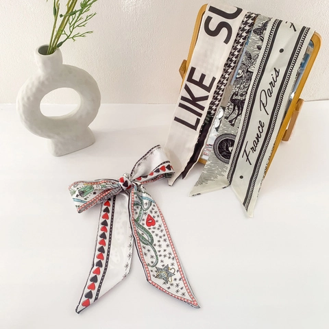 Cinta para el Pelo de Satén Vintage Francés con Pata de Gallo y Estampado de Letras Pañuelo Elegante Multiusos para Mujer
