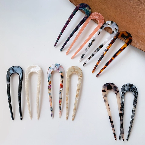 Palillo para el Pelo en U Vintage Francés de Acetato Mármol Leopardo Horquilla Minimalista Elegante para Mujer Peinado Diario