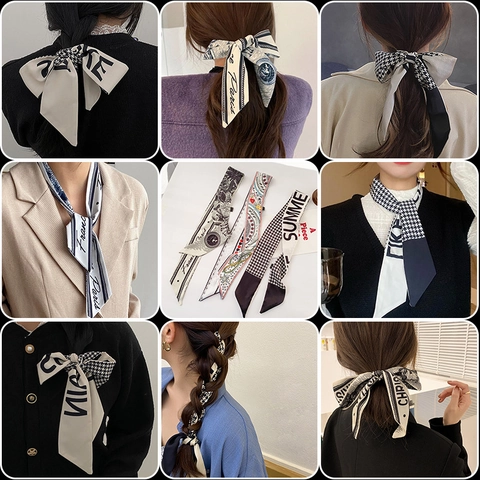 Cinta para el Pelo de Satén Vintage Francés con Pata de Gallo y Estampado de Letras Pañuelo Elegante Multiusos para Mujer