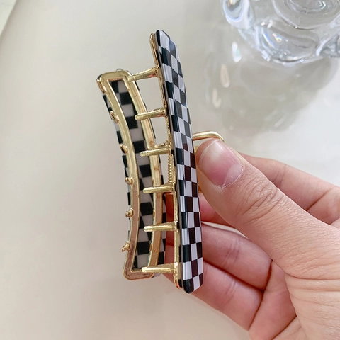 Korean Style Acetate Checkered Hair Claw Clip For Women Vintage Chessboard Pattern Metal Spring Hair Fixing Clip Accessory
