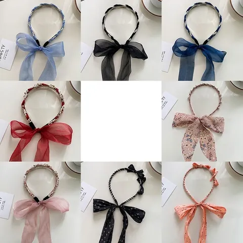 Elegant Floral Ribbon Bow Headband For Women With Long Streamer Imitation Artificial Pearls Rhinestones Sweet Fabric Hair Hoop