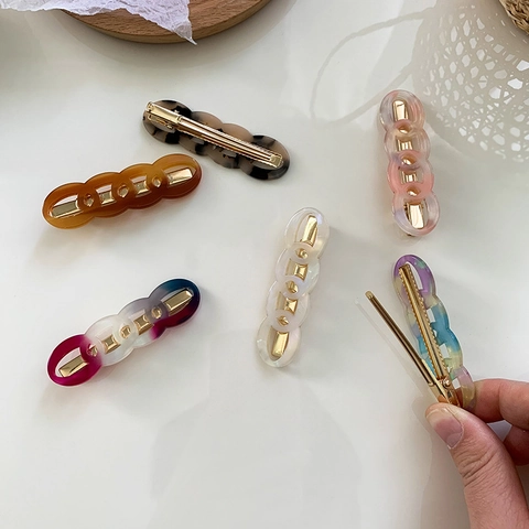 Vintage Acrylic Chain Link Duckbill Hair Clip For Women Retro Matte Tortoise Shell Pattern Gradient Color Acetate Resin Hairpin