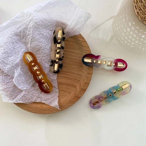 Vintage Acrylic Chain Link Duckbill Hair Clip For Women Retro Matte Tortoise Shell Pattern Gradient Color Acetate Resin Hairpin