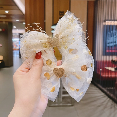 Mollette per Capelli con Fiocco in Rete per Bambini Con Corona d'Oro Strass Pompon Ragazze Principessa Dolce Forcina Accessori per Capelli