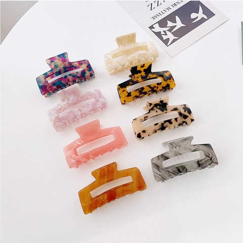 Large Hollow Rectangular Hair Claw Clip Acetic Acid Marble Floral Pattern Shark Clip For Women Elegant Hair Accessories
