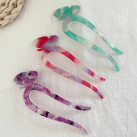 Vintage Acetat Schmetterling Haarnadel U-Förmige Haargabel Marmormuster Haarknoten Clip Für Damen Minimalistischer Haarschmuck