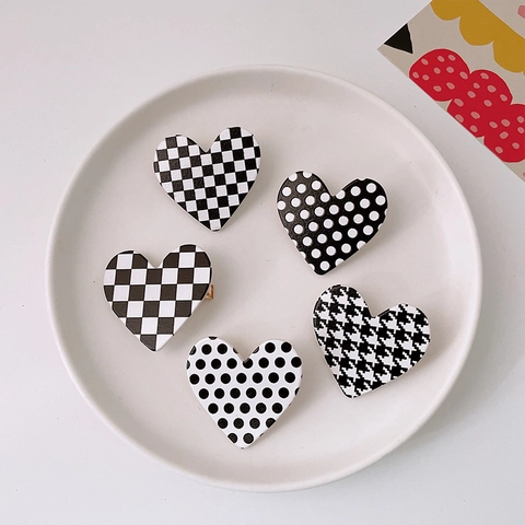 Sweet Heart Shaped Acrylic Hair Clips For Women Girls Checkerboard Polka Dot Houndstooth Marble Pattern Hairpins Side Clips