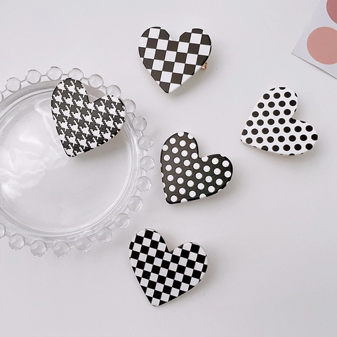 Sweet Heart Shaped Acrylic Hair Clips For Women Girls Checkerboard Polka Dot Houndstooth Marble Pattern Hairpins Side Clips