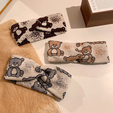 Fascia per Capelli a Maglia da Donna Simpatico Orsetto Nodo Intrecciato Fascia Elastica per Lavaggio Viso Trucco Accessori Capelli