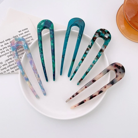Horquilla de Pelo en Forma de U de Acetato de Celulosa Patrón de Mármol Vintage Carestía Tenedor de Pelo para Mujer Accesorios