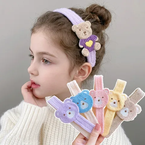 Fascia per Capelli a Maglia con Ricamo a Orsetto per Bambini Adesivo per Frangia per Ragazze Accessori per Capelli