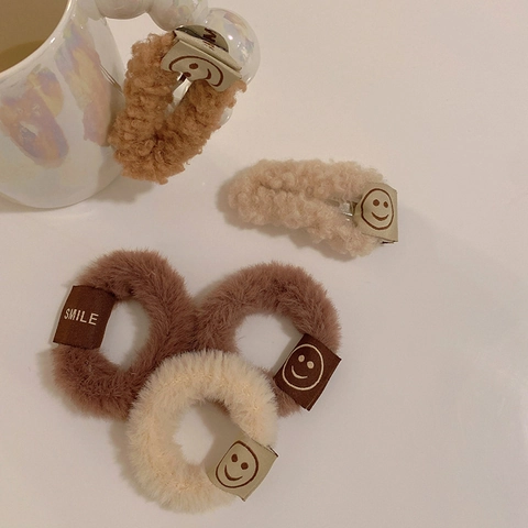 Niedliche Plüsch Bär Haargummis Scrunchies Für Damen Mädchen Herbst Winter Kunstpelz Haarklammern Braun Beige Smiley Gesicht Haarschmuck