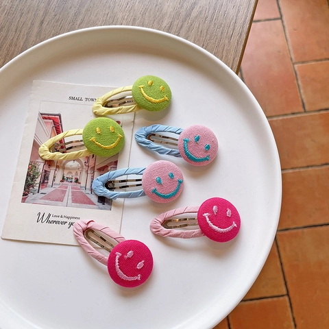 Koreanischer Stil Süße Smiley Gesicht Stoff BB Haarklammern Für Kinder Mädchen Süße Stickerei Stoff Umwickelt Seitenclip