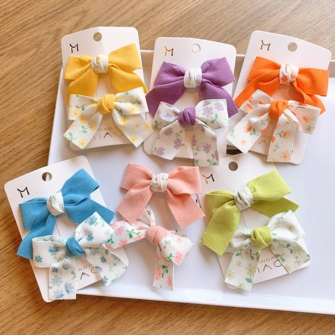 Sweet Fabric Bow Hair Clips For Children Girls Floral Solid Color Duckbill Clips Korean Style Hair Accessories Headwear