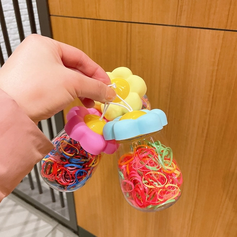Kids Colorful Elastic Hair Ties Set Cute Cat Paw Flower Storage Jar Portable Rubber Bands For Girls Hair Accessories