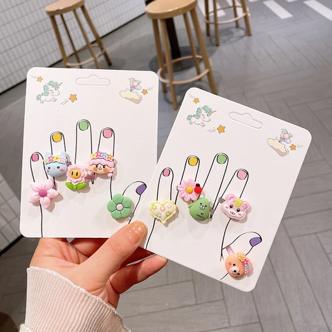 Adjustable Cartoon Resin Rings For Little Girls Cute Bear Flower Fruit Heart Pattern Children Jewelry Accessory Gift