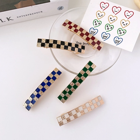 Fermaglio per Capelli in Lega a Scacchi Vintage Francese per Donna Moda Motivo Geometrico Fermaglio a Molla Accessori