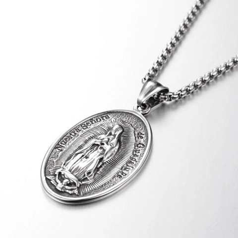 Vintage Titanium Staal Maagd Maria Reliëf Ovaal Hanger Halsketting Hip Hop Religieuze Sieraden Voor Mannen Vrouwen Zilveren Sieraden