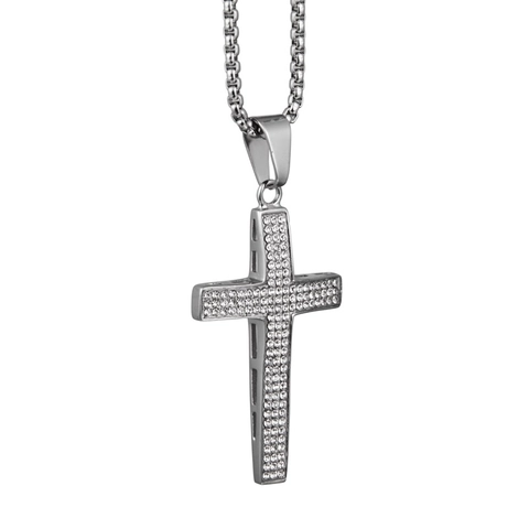 Collana con Ciondolo a Croce Hip Hop in Acciaio al Titanio con Strass Intarsiati Gioielli di Moda per Uomo Donna Accessorio per Feste