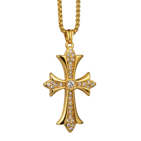Hip Hop Stainless Steel Large Rhinestone Cross Pendant Necklace Gothic Streetwear Inlaid Jewelry For Men Women Necklaces