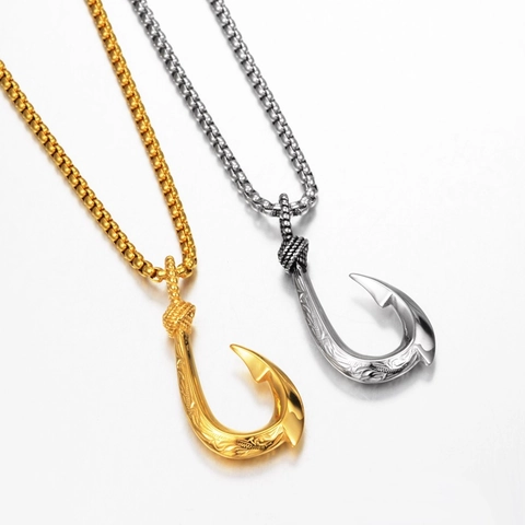 Vintage Titanstahl Angelhaken Anhänger Halskette Gravierte Scroll Muster Hip Hop Schmuck Für Herren Damen Gold Silber Finish