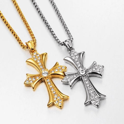 Hip Hop Stainless Steel Large Rhinestone Cross Pendant Necklace Gothic Streetwear Inlaid Jewelry For Men Women Necklaces