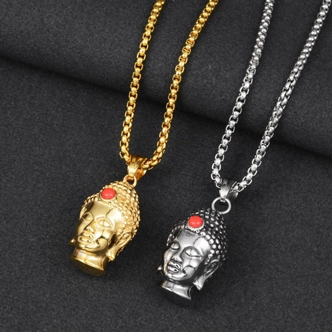 Hip Hop Buddha Head Pendant Titanium Steel Necklace Retro Religious Jewelry For Men Women Rhinestone Box Chain Necklace