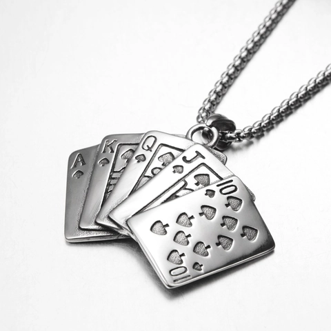 Hip Hop Titanium Steel Poker Card Royal Flush Pendant Necklace Spade Ace King Queen Jack Ten Streetwear Jewelry For Unisex