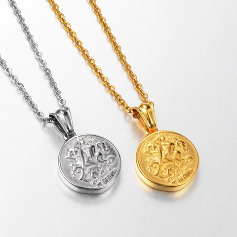 Vintage Sint Joris En De Draak Munt Pendent Halsketting Voor Heren Dames Hip Hop Titanium Staal Reliëf Medaillon Sieraden