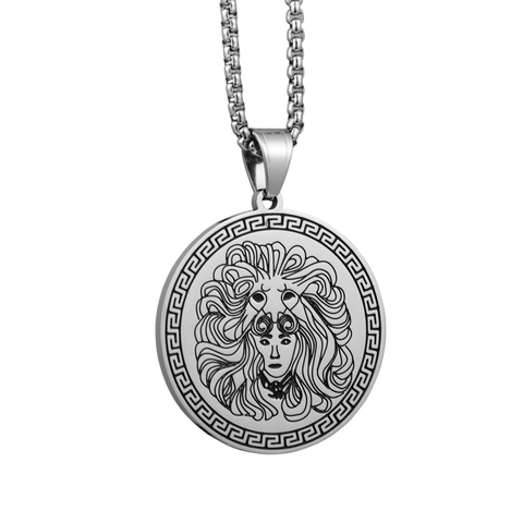 Stainless Steel Medusa Pendant Necklace Greek Key Border Vintage Hip Hop Jewelry Unisex Retro Medallion Necklace Accessory