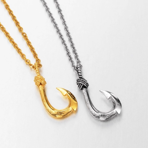 Hip Hop Titanium Steel Fish Hook Pendant Necklace For Men Women Hawaiian Carved Nautical Style Jewelry Gold Silver