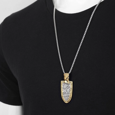 Vintage Titanium Steel Shield Pendant Necklace Warrior Head Embossed Black Rhinestone Inlaid Hip Hop Street Jewelry For Men Women