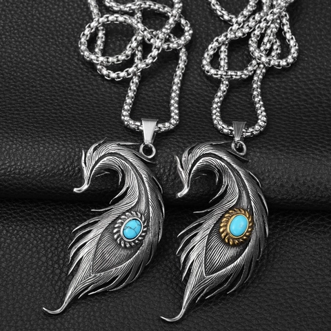 Collana con Pendente a Piuma in Acciaio al Titanio Retro Hip Hop Turchese Artificiale Finitura Invecchiata Gioielli Streetwear