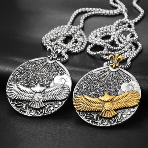 Vintage Titanstahl Adler Relief Halskette Herren Damen Retro Strass Fleur De Lis Rundscheibe Punk Hip Hop Schmuck