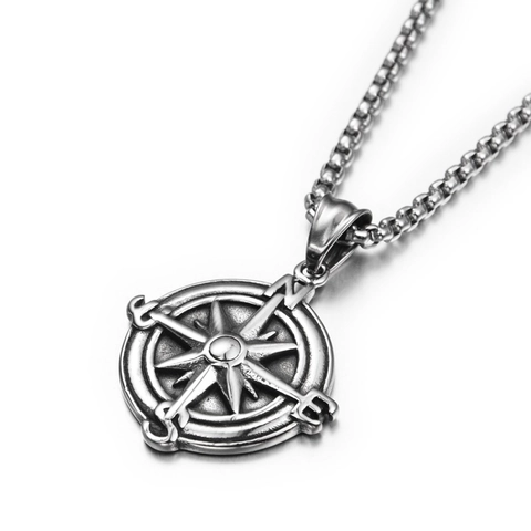 Collana con Ciondolo a Bussola in Acciaio al Titanio Vintage per Uomo Donna Hip Hop Rock Rosette a Stella a Otto Punte