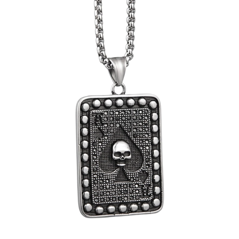 Collana con Ciondolo a Forma di Teschio Asso di Picche in Acciaio al Titanio Gothic Punk Hip Hop Gioielli in Argento Retrò