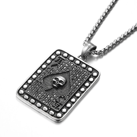 Collana con Ciondolo a Forma di Teschio Asso di Picche in Acciaio al Titanio Gothic Punk Hip Hop Gioielli in Argento Retrò