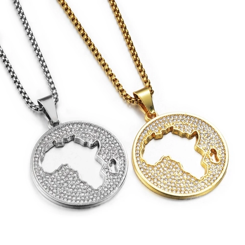 Hip Hop Iced Out Rhinestone Africa Map Round Pendant Necklace Gold Silver Plated Alloy Hollow Africa Continent Jewelry