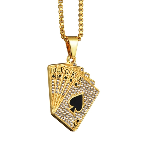 Hip Hop Iced Out Royal Flush Spades Poker Cards Pendant Necklace Alloy Rhinestone Street Fashion Jewelry For Men Women
