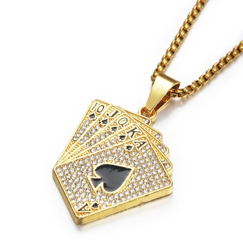 Hip Hop Iced Out Royal Flush Spades Poker Cards Pendant Necklace Alloy Rhinestone Street Fashion Jewelry For Men Women