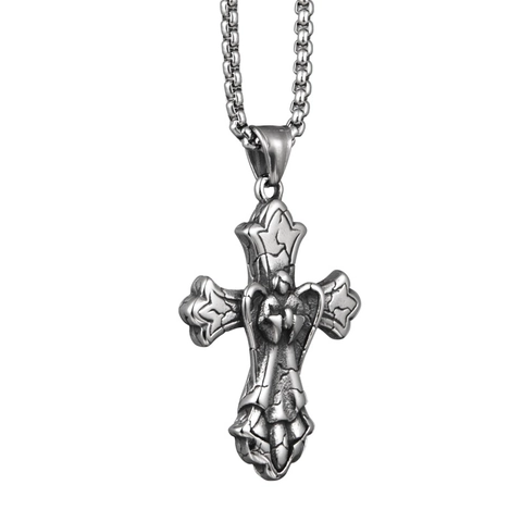 Retro Hip Hop Titanium Steel Cross Pendant Necklace For Men Women Gothic Distressed Antique Silver Religious Angel Necklace Jewelry