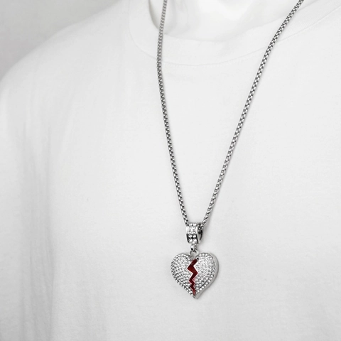 Hip Hop Hip-hop Gebrochenes Herz Anhänger Halskette Für Herren Damen Legierung Strass Pflaster Rot Emaille Streetwear Schmuck Gold Silber