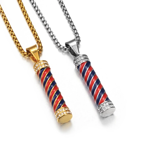 Barbiersäule Anhänger Halskette Edelstahl Emaille Zirkonia Hip Hop Rock Barber Shop Schmuck Für Damen Herren Täglicher Schmuck