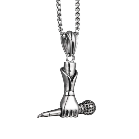 Hip Hop Stainless Steel Hand Holding Microphone Pendant Necklace Rock Punk Music Jewelry For Men Women Vintage Accessory